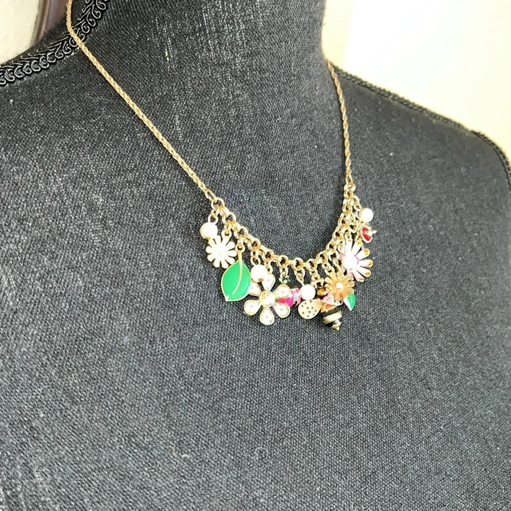 Betsey Johnson Women’s Garden Party Rhinestone Charm Necklace Flower Ladybug - Picture 3 of 15